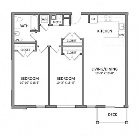 Floor plan for 2 beds, 1 bath, 1008 sqft